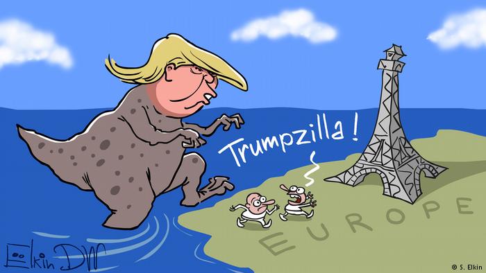 Трамп в виде монстра вструпает на землю Европы