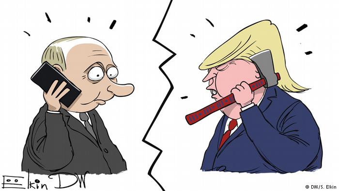 Путин с телефоном у уха и Трамп с топором говорят друг с другом