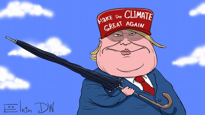 Трамп с зонтиком и бейсболке с надписью Сделаем климат вновь великим