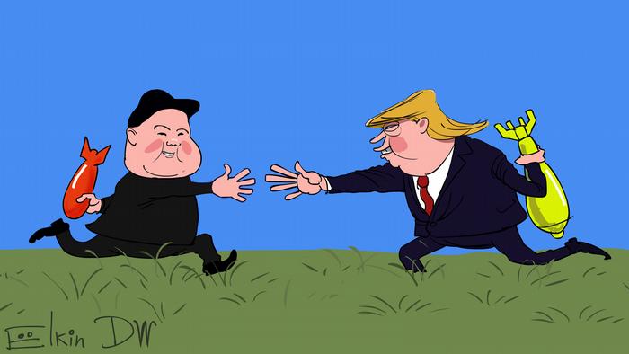 Трамп и Ким Чен Ын тянут руки для рукопожатия, в другой руке у каждого - ядерная боеголовка