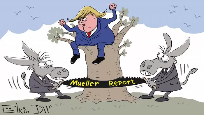 Трамп сидит на дереве, которое пилят ослы (осел - символ Демократической партии)